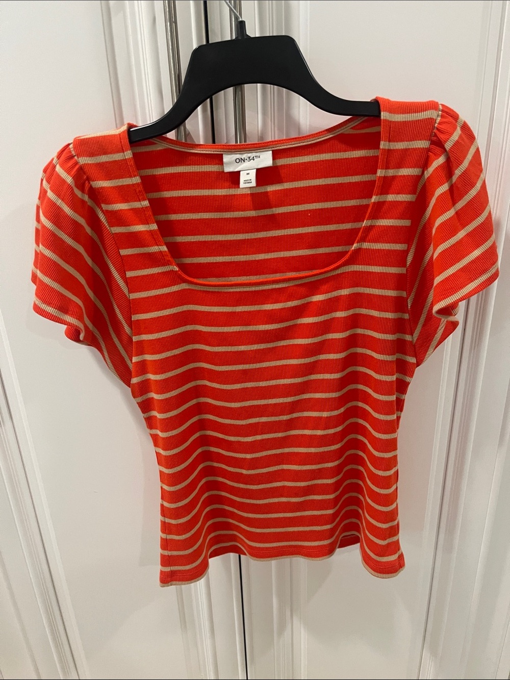 On 34th Orange Tan Stripe ribbed flutter short sleeve Top size M
